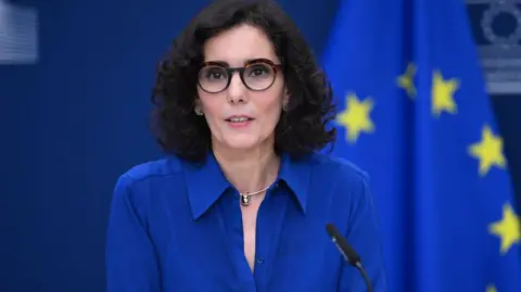 Anadolu via Getty Images A woman with dark hair and a blue shirt speaks in front of a blue and yellow flag