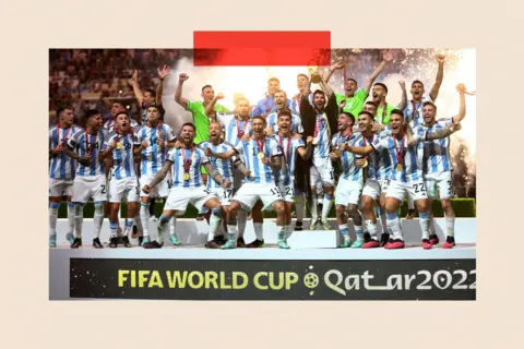 Reuters Lionel Messi celebrates with the trophy and team mates after winning the World Cup 