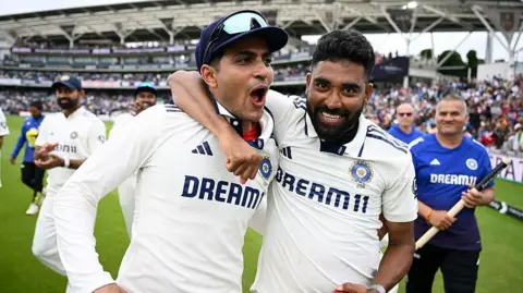 Getty Images Mohammed Siraj of India celebrates after winning the match with teammate Shubman Gill on day five of the 5th Rothesay Test Match at The Kia Oval on August 04, 2025 in London, England