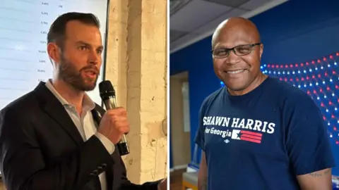 Getty Images Clay Fuller speaks into a microphone and Shawn Harris smiles in a campaign T-shirt in a coposite image of the two candidates. 