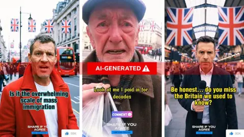 A composite image showing stills from three videos on the "Great British People" Facebook page, with one showing a man in a read coat walking along Regent Street with Union Flags in the background, asking about "the overwhelming scale of mass immigration". A second video shows a pensioner looking distressed as he discusses his income, despite having "paid in for decades". A third shows a man in a dark suit holding a microphone with Union Flags in the background, asking "do you miss the Britain we used to know?"