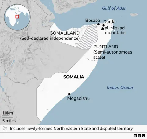 Map showing the location of Somalia on the eastern coast of Africa, Somaliland in the north of the country, Puntland - including Bosaso, Dardar and the al-Miskad mountains - in the north-east of the country and Mogadishu in the south.
