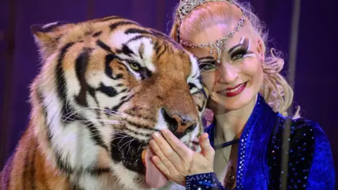AFP via Getty Images A woman smiles next to a tiger as it licks the palm of her hand