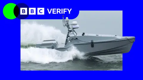 Saronic An image of the 'Corsair' sea drone at sea with BBC Verify branding.