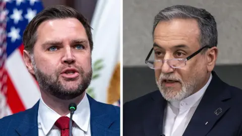 Getty Images/Reuters US Vice President JD Vance, seen in a white shirt, red tie and blue suit in front of the US flag while speaking at an event, in a composite image next to Iranian Foreign Minister Abbas Araghchi, who is seen speaking against a grey background while wearing glasses, a white shirt and black suit