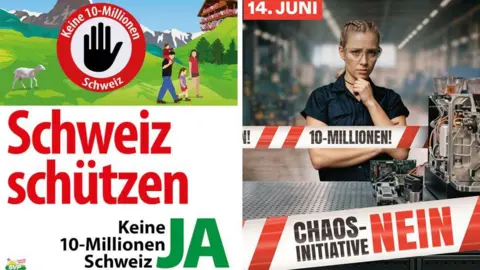 Two posters side by side - one on the left is a Yes-vote poster calling for "No to 10 million Swiss, and one on the right backs the No-vote, condemning the plan as a "chaos initiative"
