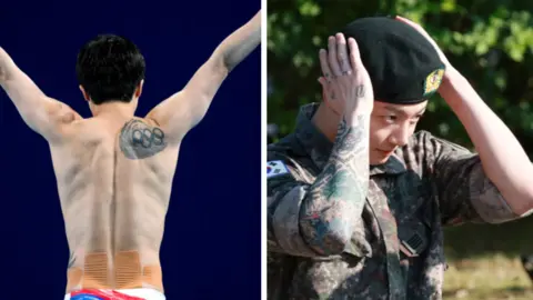 Getty Images Jungkook of BTS attends a discharge ceremony held at Yeoncheon Public Stadium in Yeoncheon-gun on June 11, 2025 in Chuncheon, South Korea. Woo Ha-ram of South Korea competes in the diving 3m Springboard Men Final during the Paris 2024 Olympic Games