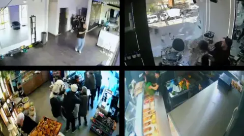 Supplied Images from CCTV cameras in a quad formation from a gym (top left), a barber shop (top right) a supermarket (bottom left) and a restaurant (bottom right) in the moments the bombs hit. 