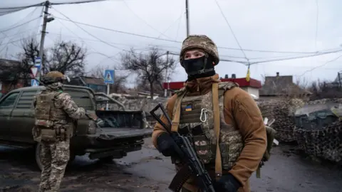 EPA A Ukrainian servicemen at an undisclosed location in the Donetsk region, eastern Ukraine, earlier this month