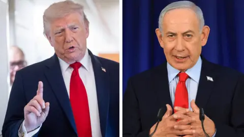 Getty Images A composite image shows President Donald Trump on the left holding a finger up and wearing a suit, shirt and tie as he speaks to reporters. On the right Prime Minister Benjamin Netanyahu also wears a suit, shirt and tie and interlaces his fingers as he speaks during a press conference.