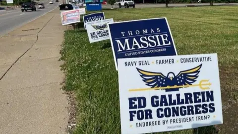 Anthony Zurcher/BBC Political yard signs line a major street in Kentucky, with a mix of signs supporting Ed Gallrein and Thomas Massie.