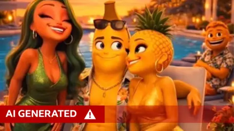 TikTok account ai.cinema021 A screenshot from the viral AI TikTok series Fruit Love Island