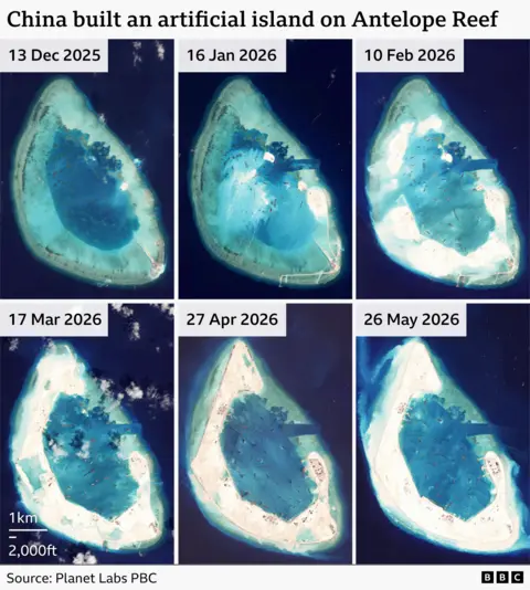 A series of satellite images of Antelope Reef showing how land has been reclaimed.
