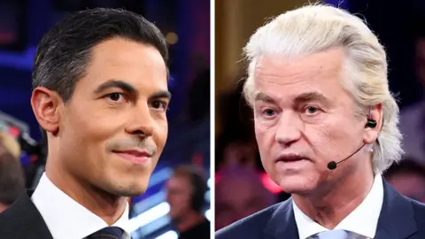 Reuters A composite image shows Rob Jetten on the left and Geert Wilders on the right, they're both headshots of the leaders looking towards each other wearing suit and ties, and Wilders has a microphone connected to his ear with a mouthpiece.