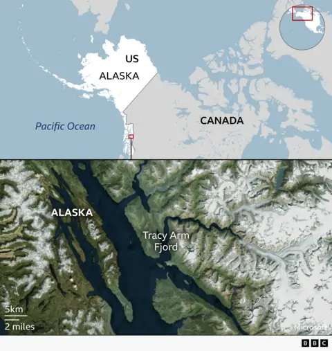 Map of the US and Canada showing the location of Tracy Arm Fjord in south east Alaska