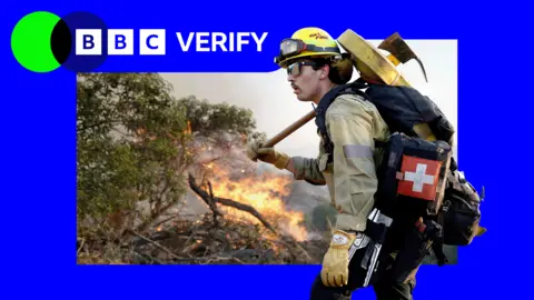 Getty Images A firefighter with an axe stands in front of burning scrub in southern California