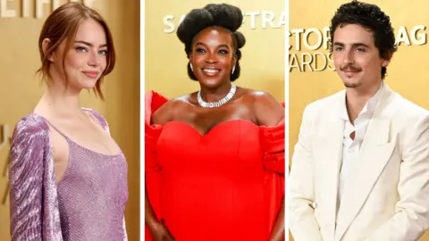 Getty Images Emma Stone, Wunmi Mosaku and Timothée Chalamet at the 32nd Annual Actor Awards Presented by SAG-AFTRA held at Shrine Auditorium and Expo Hall on March 01, 2026 in Los Angeles, California.