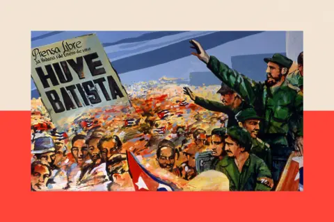 Universal Images Group via Getty Images A painting showing Fidel Castro celebrating with people the overthrow of the Batista regime 