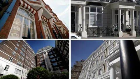 Adam Walker/BBC A composite image showing the flats in a 2x2 grid, with top left showing the windows of an Edwardian mansion block, top right showing a white stucco portico, bottom right showing the windows of a Victorian building with a pillared entrance just visible and bottom left showing an art deco block of flats.