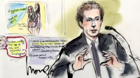 Reuters A courtroom drawing of Mark Zuckerberg testifying before a jury. 