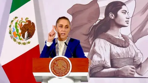 Darren Conway/BBC Mexican President Claudia Sheinbaum stands at a lectern in front of a Mexican flag and a mural depicting a Mexican woman during her regular news conference. She is wearing a blue jacket with gold-coloured embroidery on the lapels. Her hair is tied back and she is gesturing as she speaks. 
