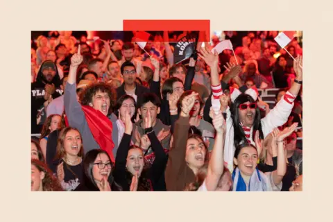 EPA-EFE/Shutterstock Fans react during a live watch party during the grand-final at the 69th Eurovision Song Contest