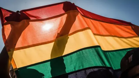 AFP via Getty Images People hold a rainbow Pride flag in the air during a march