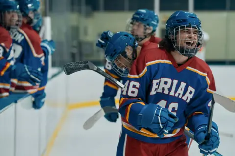 Amazon Prime Video Still from Off Campus showing a Briar University ice hockey player in the rink