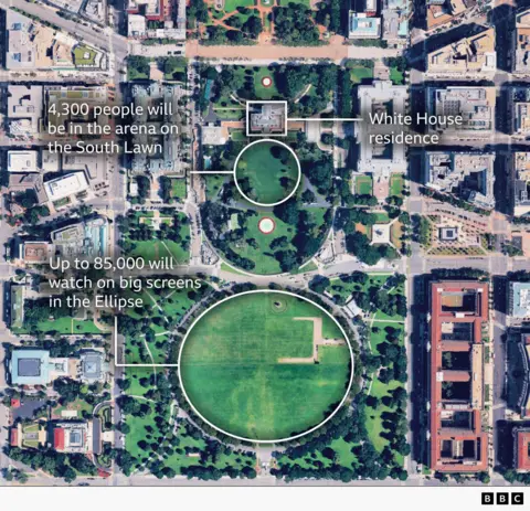 Aerial satellite image of central Washington DC centred on the White House and surrounding grounds. The White House residence is labelled near the top centre, with the South Lawn directly below it highlighted by a white circle and annotation indicating space for 4,300 people. Further south, the large oval-shaped Ellipse is outlined and labelled as accommodating up to 85,000 people watching on big screens.