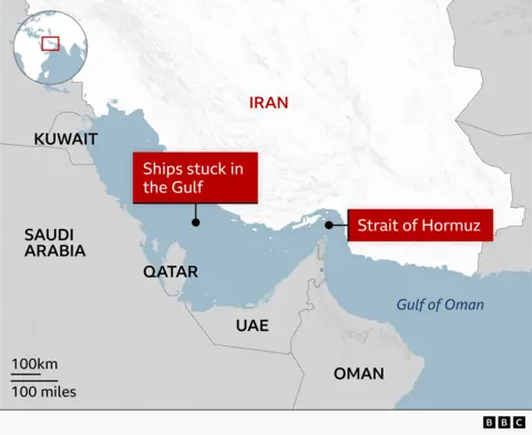A map showing the Strait of Hormuz and the Gulf area where some 1,600 ships are stranded