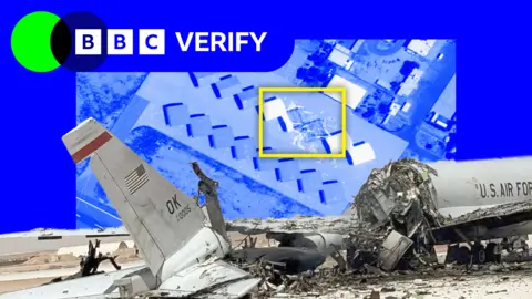 BBC A promo image shows a damaged E-3 Sentry plane emblazoned with the words US AIR FORCE. The tail of the plane has been severed and the aircraft it surrouded by debris. The image is imposed over a satellite image showing destroyed aircraft hangars at a US base. 