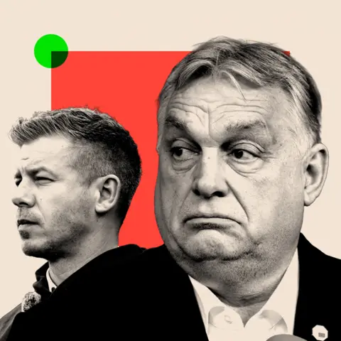 BBC Peter Magyar (left) and Vikor Orban (right) in black and white photographs against a red backdrop with a green dot