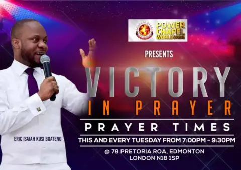 Facebook Promotional poster for a religious prayer event titled “Victory in Prayer”, featuring a man speaking into a microphone and event details.