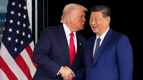 Getty Images Donald Trump shakes the hand of China's President Xi Jinping, both men wear blue suits and stand in front of an American flag