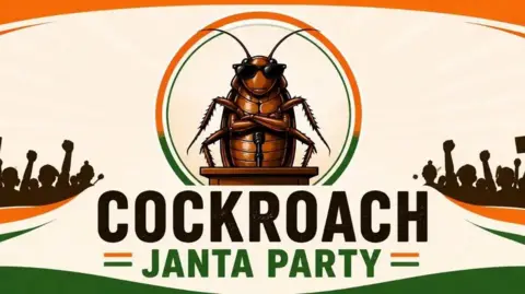 Screengrab from Cockroach Janta Party's website Cockroach wearing sunglasses standing behind a podium with a microphone, framed inside a circular emblem in orange, white, and green. Below the emblem, bold text reads - Cockroach Janta Party