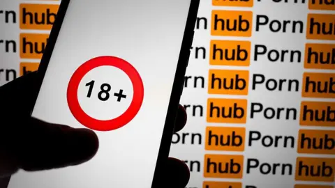 Getty Images A hand holding a mobile phone with an 18+ logo with a red circle. The background is the Pornhub logo.