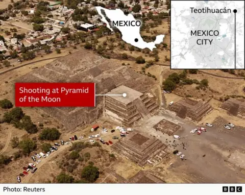 A graphic showing the pyramid at the Teotihuacan archaeological site in Mexico on 20 April 2026. 