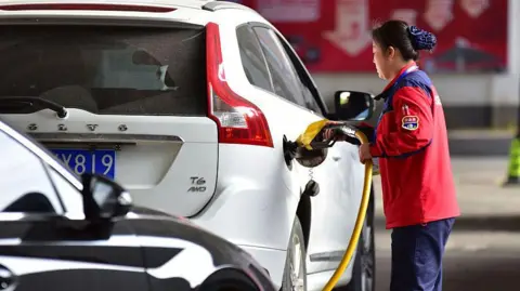 Costfoto/NurPhoto via Getty Images A female petrol station attendant refuels a white car