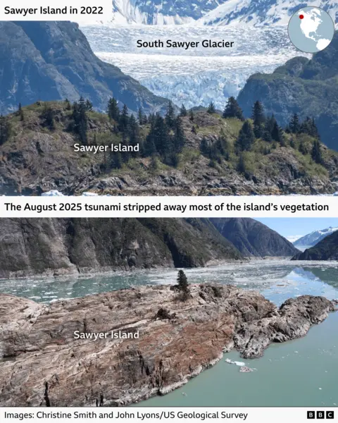 The image above shows an island covered in green vegetation and trees within a fjord. It is nestled between two mountains. Behind is a huge icy blue glacier. The image below shows the glacier has melted and the island has been stripped of vegetation save one tree.