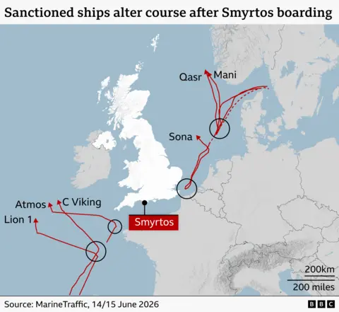 An image showing that that multiple tankers have altered course since the boarding of the Smyrtos. 