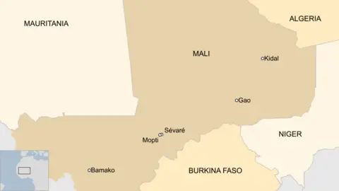 A map showing the locations of Bamako, Sevare, Mopti, Kidal and Gao in Mali, as well as neighbouring Burkina Faso, Niger, Algeria and Mauritania.