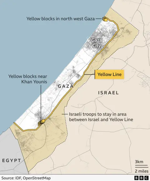 A map showing the "yellow line" boundary in Gaza