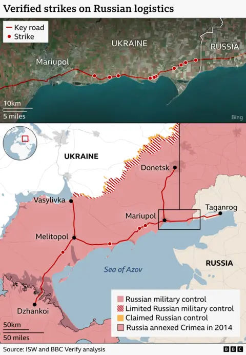 A map of southern Ukraine highlighting major roads and 14 verified strike points on one running from occupied Crimea, through occupied Melitopol and Mariupol and on the road leading to the Russian border from Mariupol. There is a zoomed in section on this last stretch of motorway, where 10 strikes are marked.