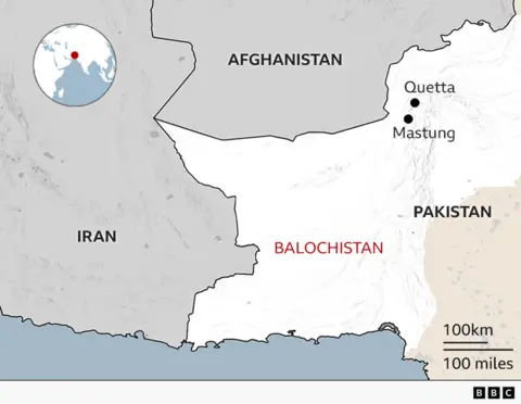 A map showing the borders of Iran, Pakistan and Afghanistan and where Balochistan is.