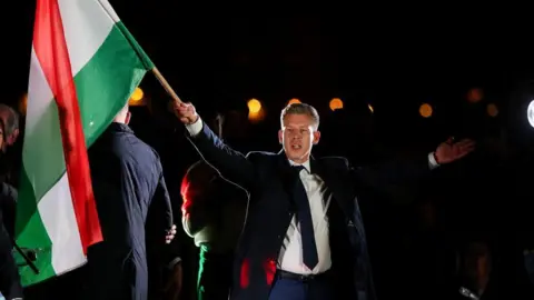 Reuters A man in the dark holding the flag of Hungary