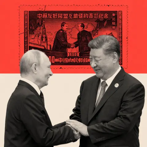 BBC Putin and Xi greeting each other with a handshake, behind them is another image of Stalin and Mao in a handshake (as based on an image from a stamp)
