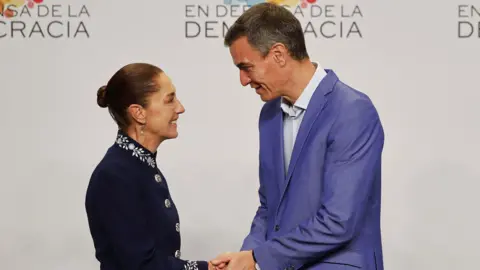 EPA A woman wearing a black dress shakes hands with a man wearing a blue suit and shirt, both are smiling warmly