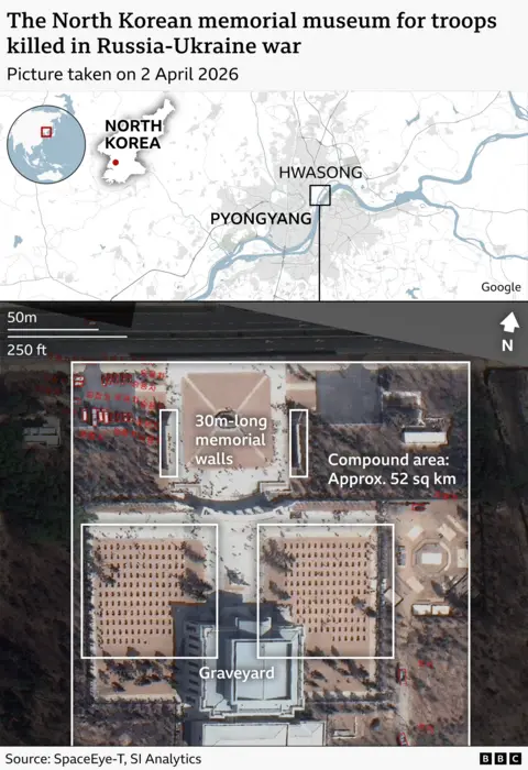 The top image is a map showing the location of the museum in Pyongyang's Hwasong district. The lower image offers a bird-eye view of the 52-sq-km memorial complex. At the top, two 30m-long walls are highlighted in two rectangles. The graveyard has two sides, each forming a big square