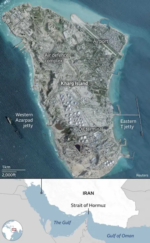 Satellite image of Kharg Island and map showing its location in the Gulf