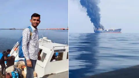 Sunil Puniya Sunil Puniya stands on the shore next to a boat in the left hand image. In the right hand image the Skylight is seen in the distance on fire with plumes of black smoke billowing into the sky.